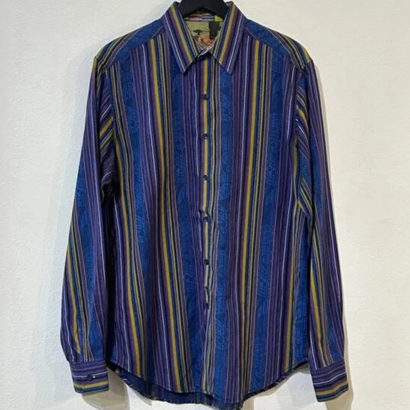 Robert Graham Shirt Blue Yellow Striped Paisley Abstract Flip Cuff Men's Sz L - Picture 4 of 11